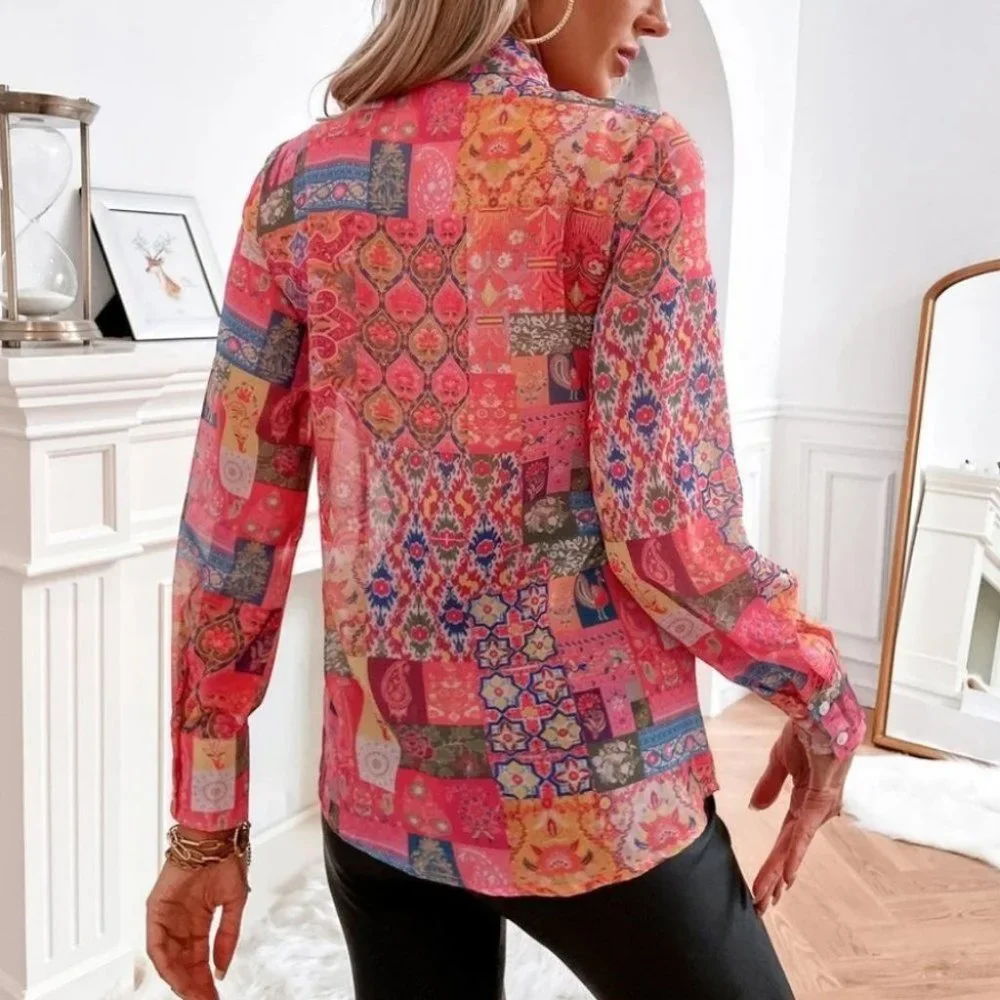 Boho Patchwork long Sleeve Tie Neck Blouse Multi color - Picture 3 of 10
